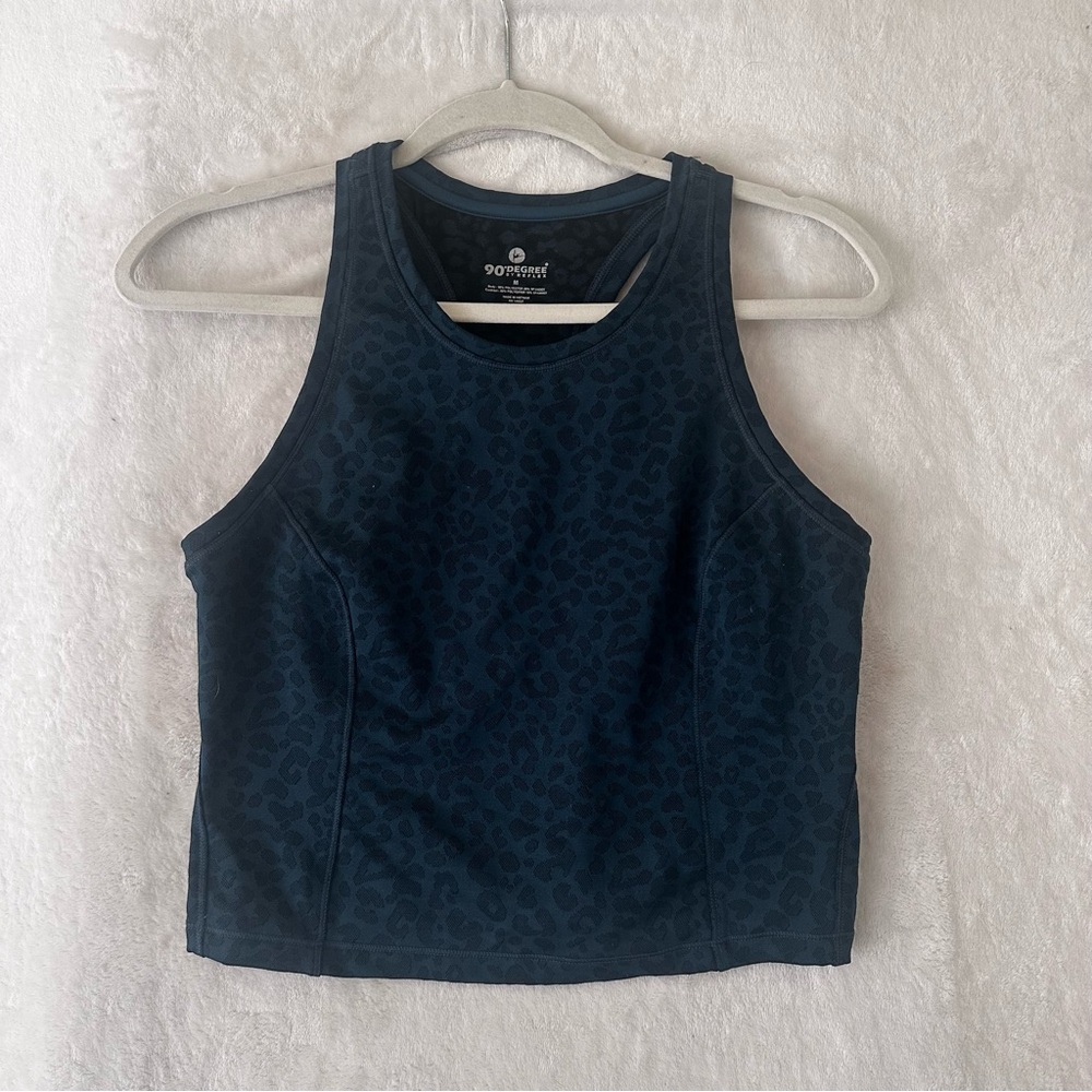 90 Degree By Reflex Dark Blue Teal Leopard Crop Tank Top Yoga Workout medium
